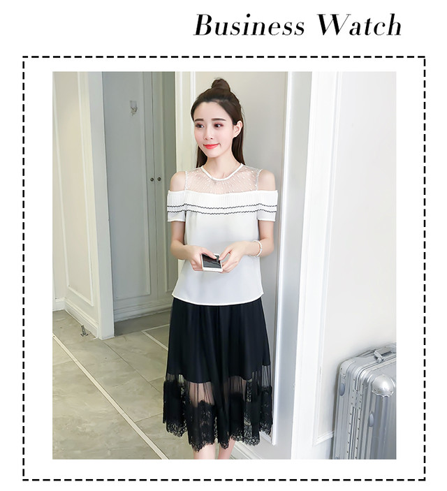 胸元レースで上品 2セット オフショルトップス レイヤードスカート トップス ワンピース レイヤード レース モノトーン シック 夏 ガーリー 大人 上品 オフショルダー トレンド ロング 丸首 セット Sugar Daystyle シュガーデイスタイル