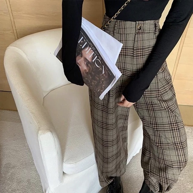 brown check loose pants