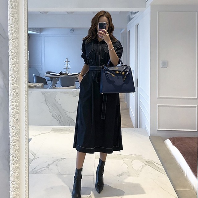 全2色 シャツワンピース 半袖 サイドスリット ひざ丈 ミディ丈 ハイウエスト ベルト付き きれいめ シンプル レトロ お出かけ お呼ばれ デート 女子会 デイリー 夏 カーキ ネイビー Like Fashion