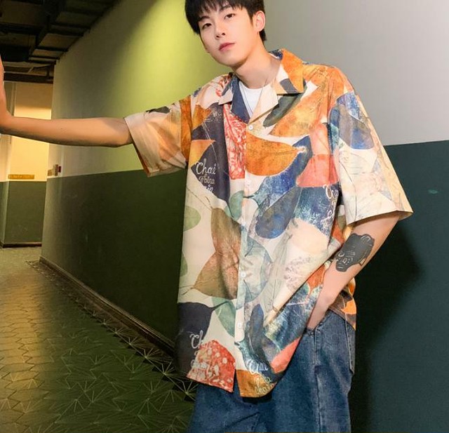 メンズ シャツ 半袖 総柄 プリント 韓国系 肩落ち 柄シャツ Jb 1