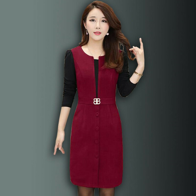 全3色 ツーピース風 ジャンパースカート ワンピース ドレス フロントボタン フォーマル ひざ丈 オフィス スリット ウエストマーク 秋 冬 重ね着 Vネック 韓国 オルチャン Like Fashion プラス