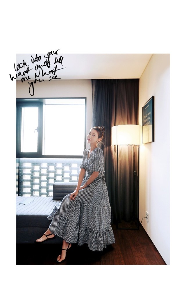 ワンピース 半袖 ギンガムチェック カシュクール ハイウエスト ティアード フレア ティアード お呼ばれ Azumilwear