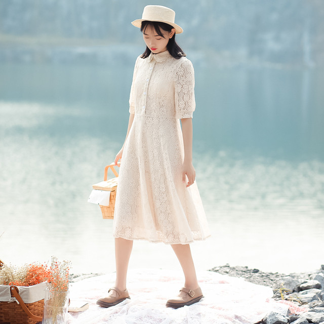 ワンピース レディース 半袖 総レース 丸襟 ミモレ丈 レトロ ヴィンテージ 清楚 きれいめ 春 夏 Officewalaa オフィスワラア レディースファッション スタイル