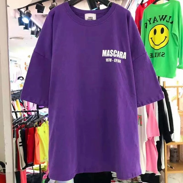 4カラー Tシャツ ワンピース ビックシルエット カジュアル トップス 赤 紫 白 黒 ストリート Loveysmileshop