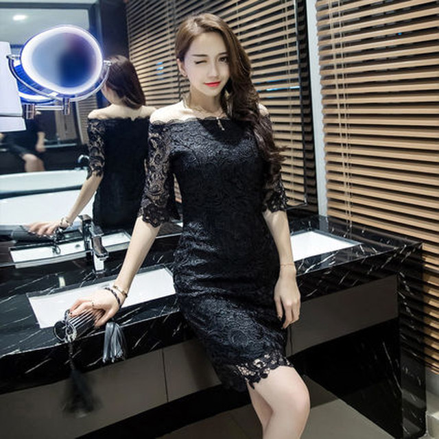 流行 オフショルダー黒レースパーティードレス タイト セクシー Bianka