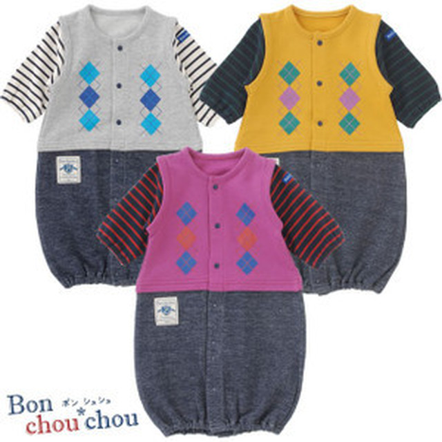 ベビー服 赤ちゃん 服 ベビー ツーウェイオール 女の子 男の子 新生児 ボンシュシュ ベスト重ね着風アーガイル新生児ツーウェイオール Cocoarum