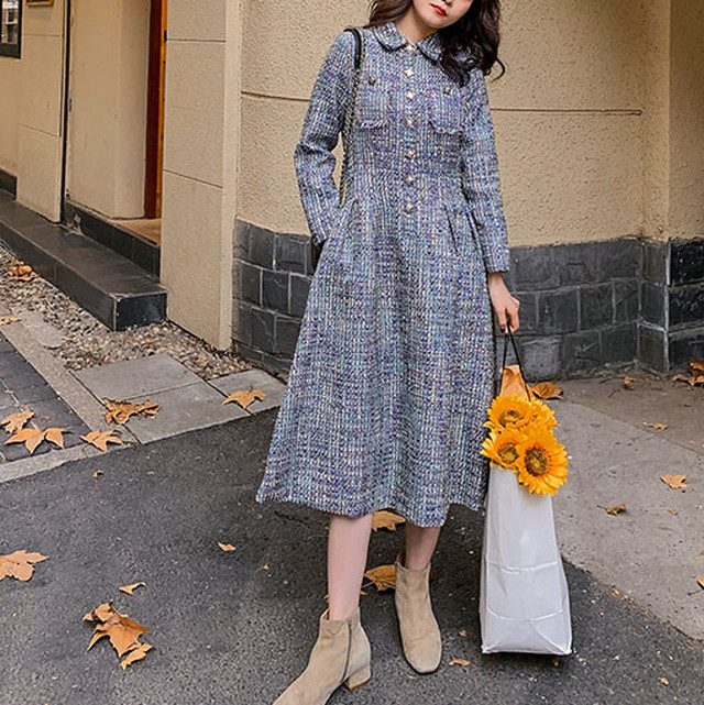 ツイード ワンピース チェック柄 Aライン フロントボタン ロング丈 マキシ丈 おしゃれ 大人可愛い ガーリー レトロ エレガントフェニミン 上品 フォーマル 可愛い デート 女子会 春 レディース Like Fashion プラス