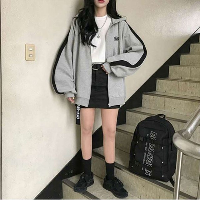 ライン パーカー レディース 韓国 ファッション 秋服 レディース ジップアップ 袖ライン パーカー スポーツミックス ビッグシルエット ビッグパーカー カジュアル ストリート オルチャン ファッション グレー ブラック Vestito