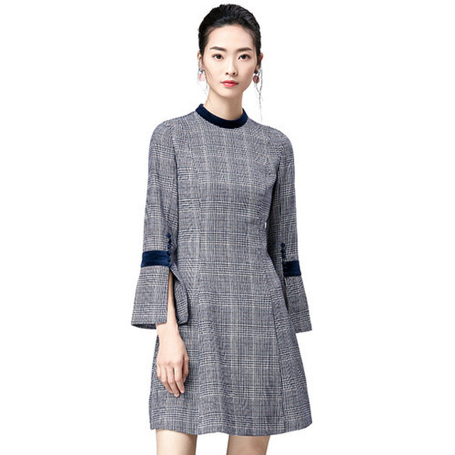 ワンピース ミニ丈 チェック グレンチェック レトロ クラシカル フォーマル 長袖 シック 秋冬 Takezo4649