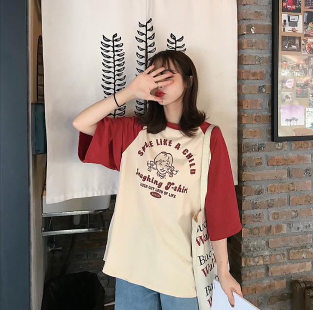 半袖 ロゴtシャツ プリント カジュアル ガーリー ラグラン ゆったり 韓国系 レディース トップス 夏新作 Idear