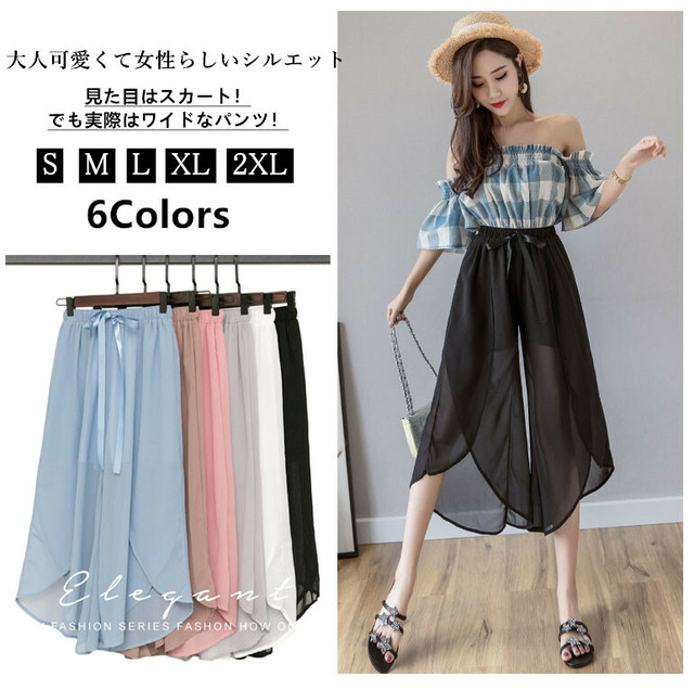 2019レディース シフォン ワイドパンツ 無地 レース キュロット