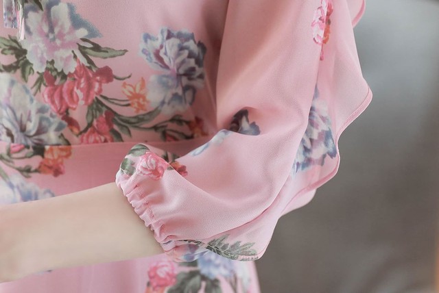 レディース花柄ビーチワンピースラッフルスカートドレープフリルシフォンワンピースピンク色 Junki S Colletion