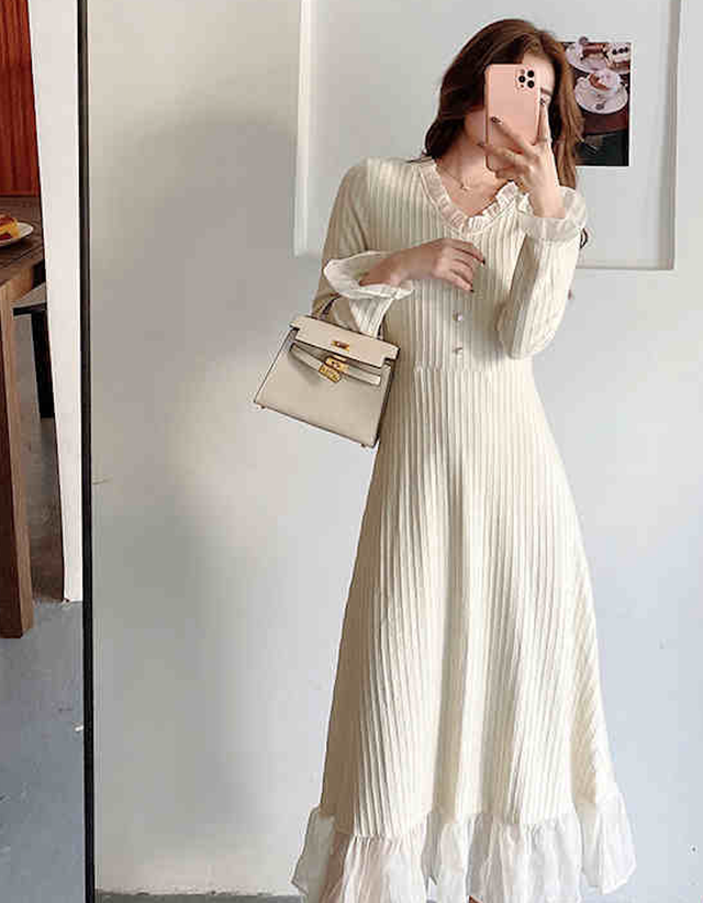 お取り寄せ 送料無料 ゆったり ニット ワンピース ドレス 無地 パフスリーブ ロング丈 長袖 大きいサイズ Dr281 Room811