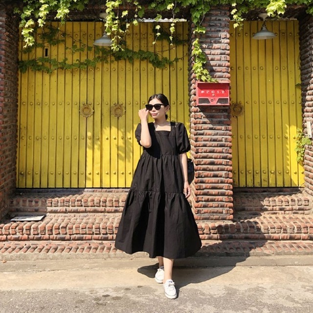 黒ワンピース 黒ワンピ ワンピース ワンピ 夏ワンピース 夏ワンピ 通販 レディース 女性用 通販ワンピース 通販ワンピ 半袖 Aライン 無地 ロング パフスリーブ 体型カバー 通勤 リゾート 旅行 デイリー 普段着 デート 通学 海 プール 夏 シンプル トレンド 人気 おすすめ