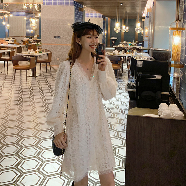 一点即納あり もこもこワンピース 長袖 レース 春 秋 冬 Vネック 体型カバー 深vネック ミニ Select Shop Skry スクリー