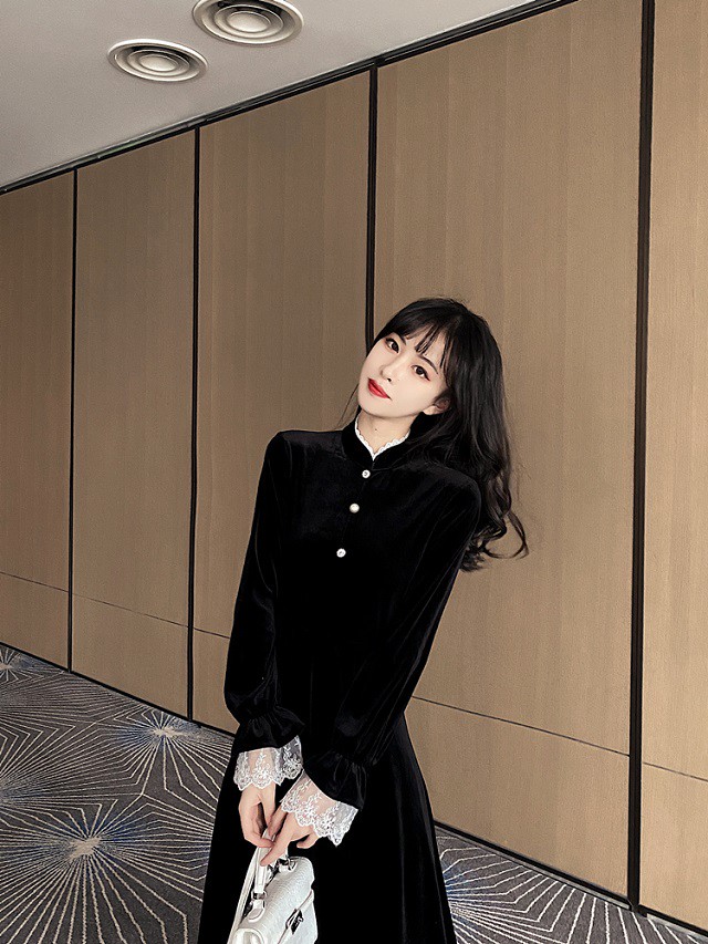 ロングワンピース シンプル 無地 チャイナドレス ベロア ベルベット バックジッパー 大きいサイズ 送料無料 レトロ 裾レース パフスリーブ 大人 パーティー Ys04 Fashion Mille