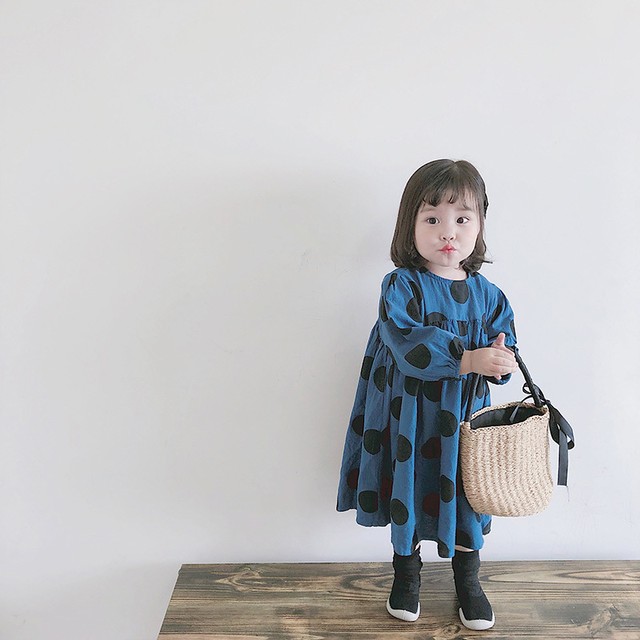 韓国子供服 おしゃれ ナチュラル ドット 長袖ワンピース ボリューム 水玉 キッズお買い得商品 ブルー 女の子ワンピース 韓国 こどもカジュアル 80 130cm 女の子 ガール 送料無料 韓国レディース キッズファッション Londonbridge ロンドンブリッジ