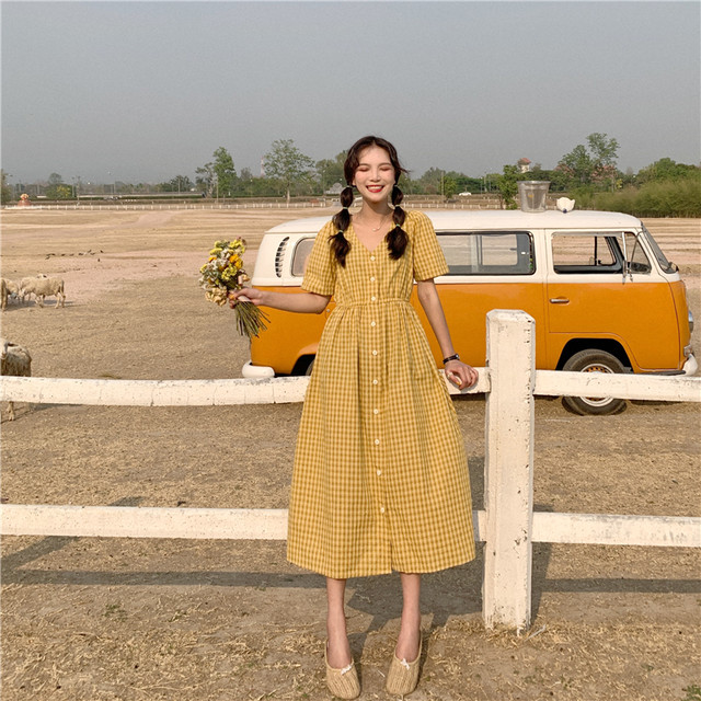 マキシワンピース 夏 Aライン フレア 前あき ひざ下丈 カジュアル 80年代 ラウンドネック レトロ 半袖 袖あり ギンガムチェック 赤 緑 黄 Gratias