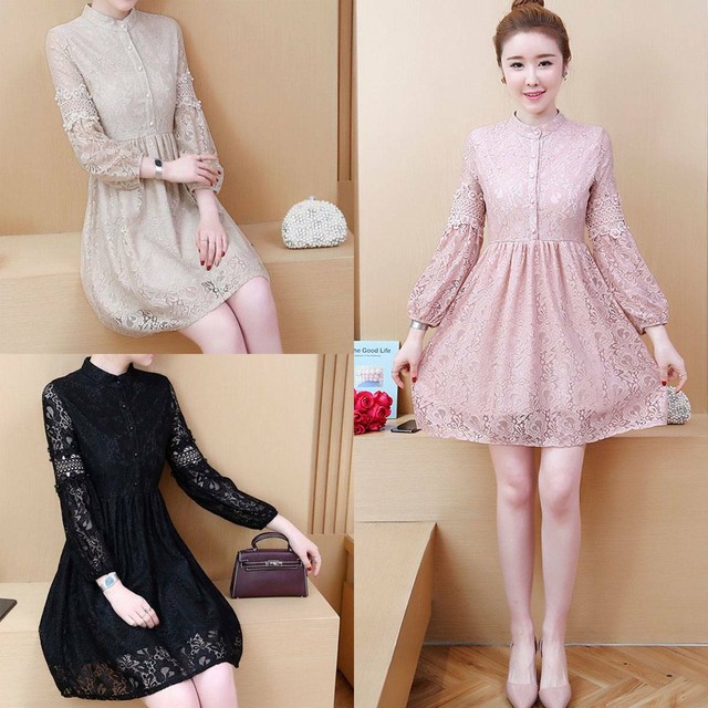 ワンピース レディース レースワンピース 長袖ワンピース 膝丈 ワンピ 色違い 透けレース 透かし彫り サイズ豊富 フェミニン Happy Toon