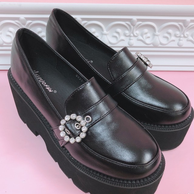 ビジューバックル煌く 量産型必須 厚底ローファー 量産型 量産 地雷 Princesshyatt 量産型地雷 系原宿系パンクストリートブラック韓国系厚底リュック