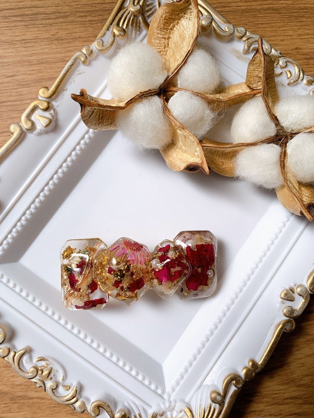 ドライフラワー ハンドメイド アンティーク調 レジンロングヘアクリップ Hinano ドライフラワー ハンドメイド レジンアクセサリー