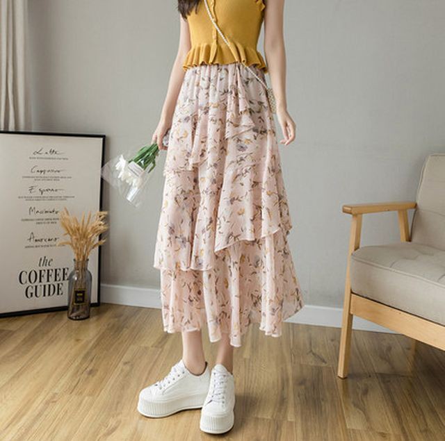 レディース スカート 春 夏 ボトムス アシンメトリーティアードスカート ティアード 花柄 アシンメトリー ミモレ丈 ロング丈 上品 ガーリー 大人ガーリー フェミニン カジュアル 春夏 ピンク ブラック S Xlサイズ Uki Uki