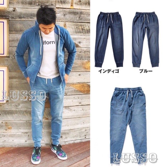 メンズ スウェット デニム 上下セットアップ ブルー ジョガーパンツ Lusso Japan