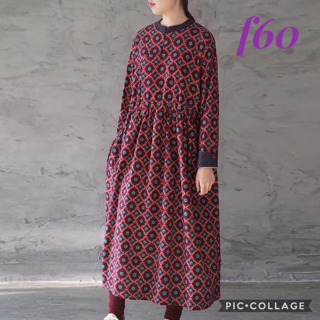 F59 F60 新品 送料無料 レディース 秋冬 ロング ワンピース コットン 綿 幾何学模様 アジアン 緑色 グリーン 赤色 ゆったり Hihaho Company リネン コットン素材のゆったりとしたレディースウェアのお店