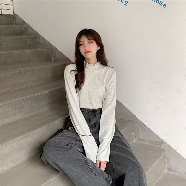 タイト ハーフネック 長袖 レース切り替え 無地 襟可愛い シャツ ブラウス トップス 75shops