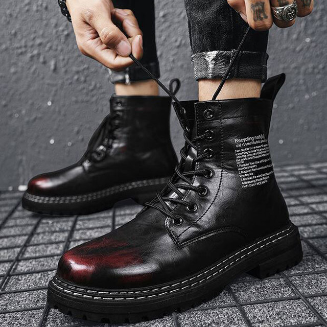 ワークブーツ メンズ マーチンブーツ レースアップ ショートブーツ 黒赤 A N Skinny