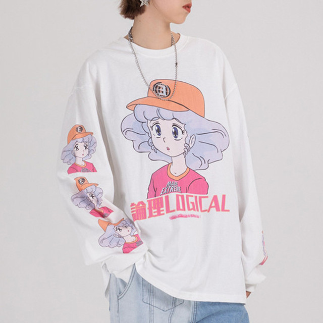 レトロガール 女の子 漫画柄 サブカル ロングtシャツ ロンt 長袖 メンズ ユニセックス レディース ビッグシルエット オーバーサイズ 黒 M L Xl 90s アニメ オタク 原宿 かわいい ストリート 韓国 秋物