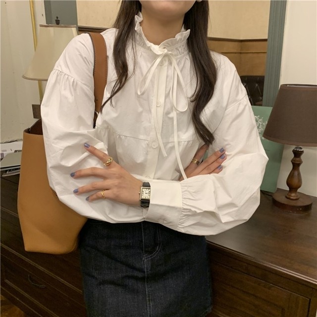 〈カフェシリーズ〉春のフロントリボンブラウス【spring front ribbon blouse】