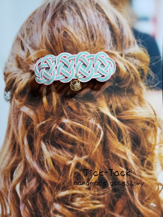 水引 バレッタ エメラルドグリーン 薄ピンク Tick Tack Handmade Accessory Bag 水引 バレッタ エメラルドグリーン 薄ピンク Tick Tack Handmade Accessory Bag