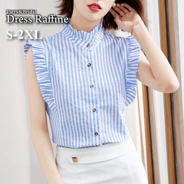 レース トップス ノースリーブ シャツ ブラウス レディース 襟付 襟 袖なし レース ストライプ スカラップ Tp00 Raffine ラフィーネ ドレス ブラウス