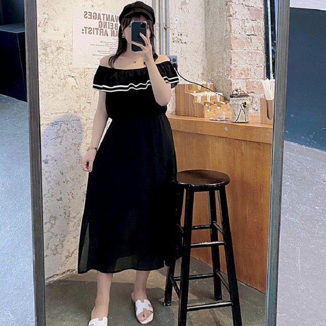 ワンピース ポリエステル ミモレ丈 一字襟 半袖 フリル袖 無地 ｉライン スリム きれいめ 夏 レトロ 大きいサイズ Lop 0281 大きいサイズ専門店キャンディポップ