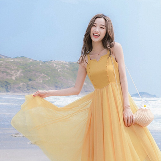 リゾート イエロー ワンピース フレア トレンド デート 上品 可愛い ガーリー フェミニン シフォン w431 Bshop