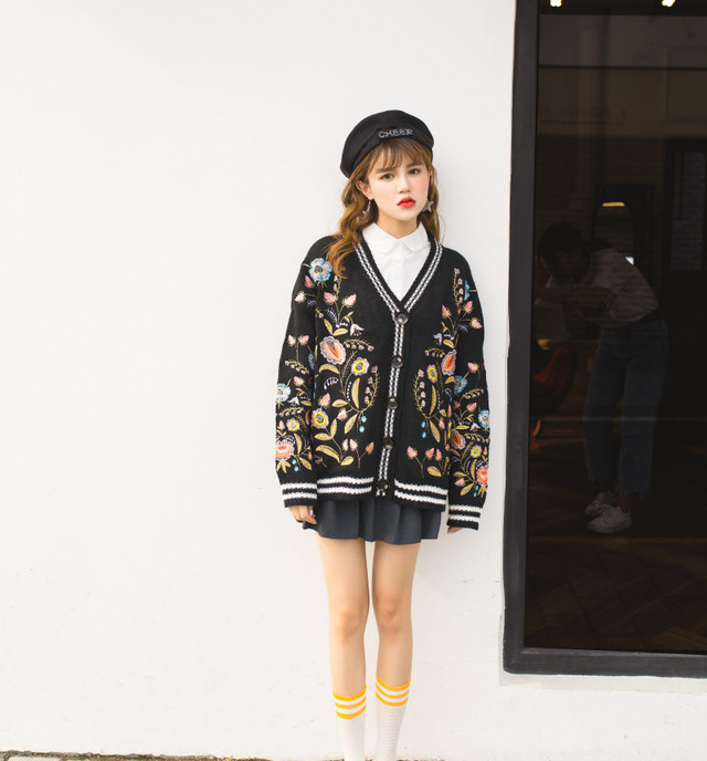 レトロ 花柄 刺繍 ロング カーディガン アウター 秋冬 秋 冬 韓国 オルチャン 秋服 Ut 9 Musubi Me 韓国 オルチャン レディースファッションのお店