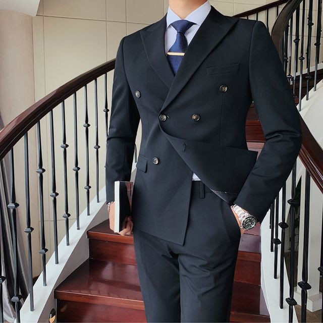 予約販売 メンズ スーツ ダブル 無地 シック ブラック ベージュ ブルー グレー ジャケット パンツ セット セットアップ パーティ 二次会 同窓会 結婚式 韓国 トレンド M L Xl 2xl 3xl 4xl Favoriteselect