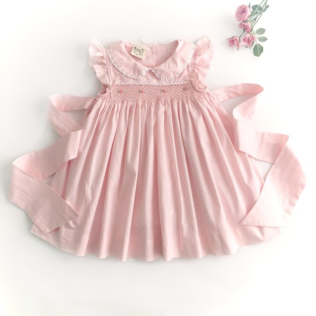 サイズ110 130在庫 スモッキングワンピース ベビーピンク リボンレース ワンピース Heart Spring スモッキングワンピース と可愛い子供服のお店