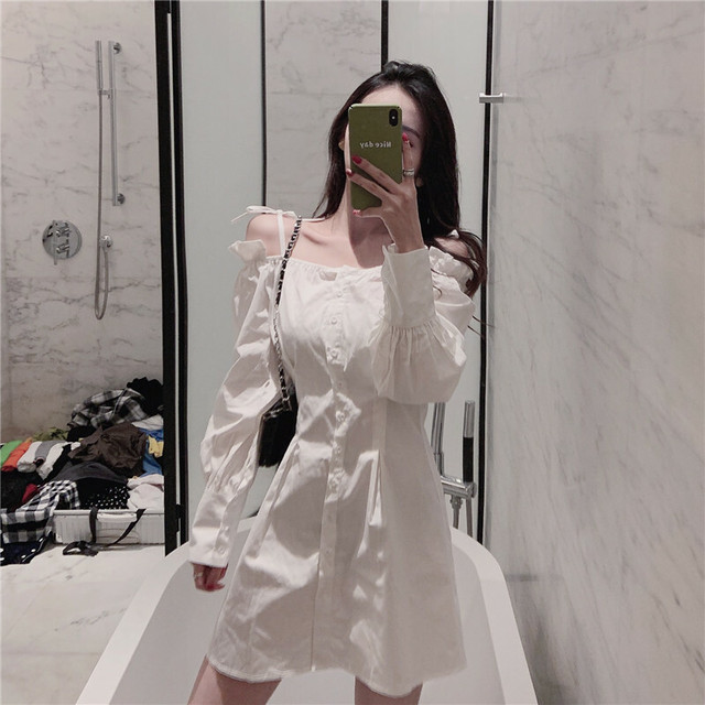 秋物 ワンピース ブラウスワンピース オフショルワンピース ミニ丈ワンピース 長袖 フレア ハイウエスト お出掛け デート Magnifique