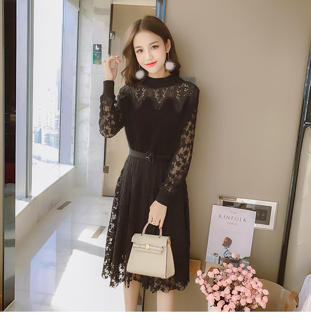 冬新商品 韓国 パーティードレス ニット レースお呼ばれワンピース 長袖 ひざ下 春マキシワンピース 総レース フリ 韓国ファッション レディース パーティー ブライダル お取り寄せ お呼ばれ コーデ 結婚式 二次会 セレブ セクシー 代 30代 40代きれいめ 送料無料