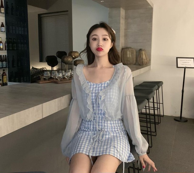 ワンピース ミニ丈 シフォン フリル バルーン袖 シースルー カーディガン キャミワンピ リボン チャック柄 レディースファッション 春夏 カジュアル ナチュラル 夏 グレー 水色 ブルー ウッディーベース1号店