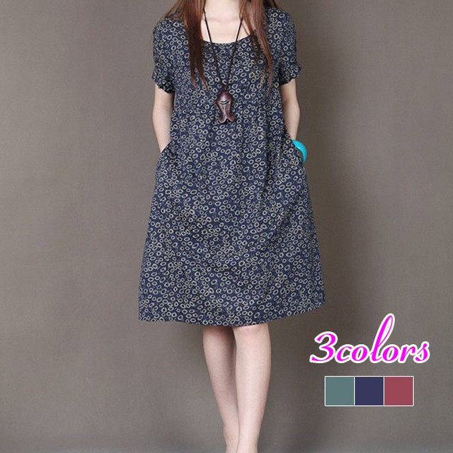 16夏新作 リネンワンピース レディース 膝丈 半袖 花柄 プリント 綿麻 クルーネック 大きいサイズ ゆったり Aライン 体型カバー 着痩せ ファッション 送料無料 Dogrun