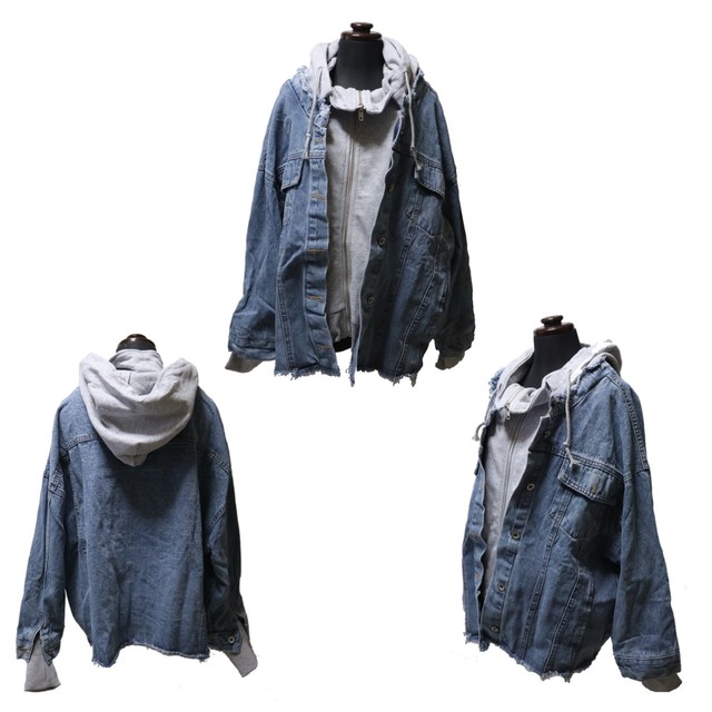 送料無料 パーカー付きデニムジャケット グレー a9749g Gジャン Yuberra