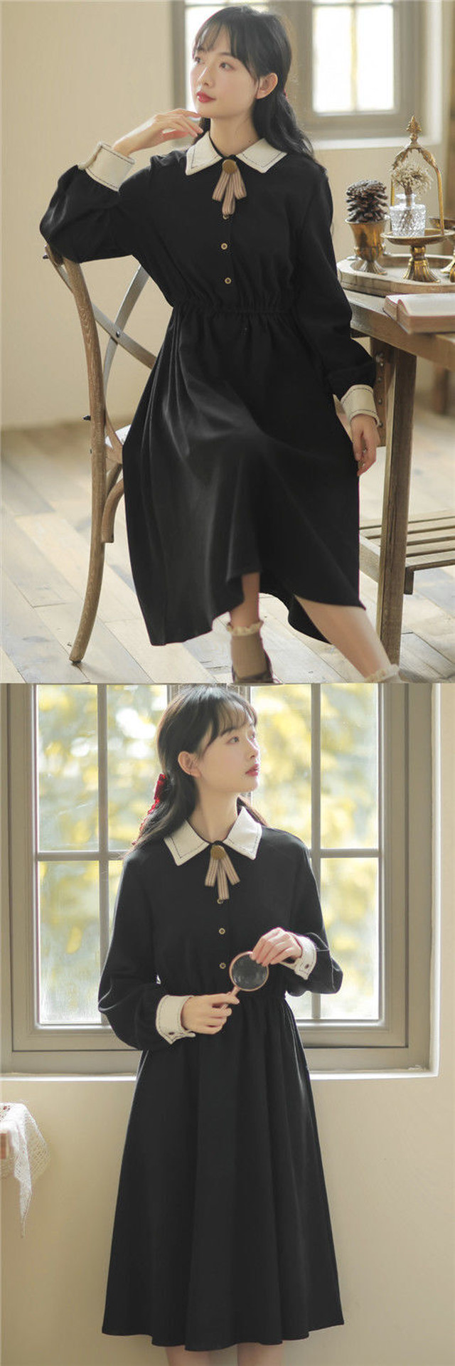 レトロワンピース ワンピース レディース 秋冬ワンピース 女子ワンピ 可愛い 無地 オシャレ ワンピース クラシカル 長袖 カワイイ 膝下丈 ミモレ丈 バイカラー ハイウエスト ウエストマーク 10代 代 ブラック ブルー レッド ベージュ Sz212 Sunny Place