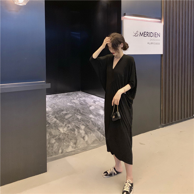 ワンピース Vネック 五分袖 ミモレ丈 バックコンシャス バッククロス 無地 レトロ シンプル 黒 ブラック 大きいサイズ ゆったり 体型カバー モダール生地 春 夏 秋 ウッディーベース1号店