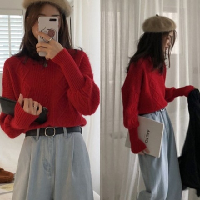 ハイネック ニット レディース 韓国 ファッション ニットセーター 冬服 レディース ベージュ 赤 ニット ゆったり オーバーサイズニット レディース 韓国 ニット ケーブル編み かわいい ニット 秋冬 冬新作 ニット 冬トップス Vestito