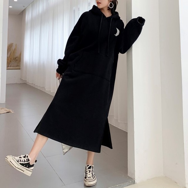 長袖 フード付き ワンピース ロング丈 スリット プリント ゆったり 蛍光 カジュアル シンプル Mou262 Himso Sweet