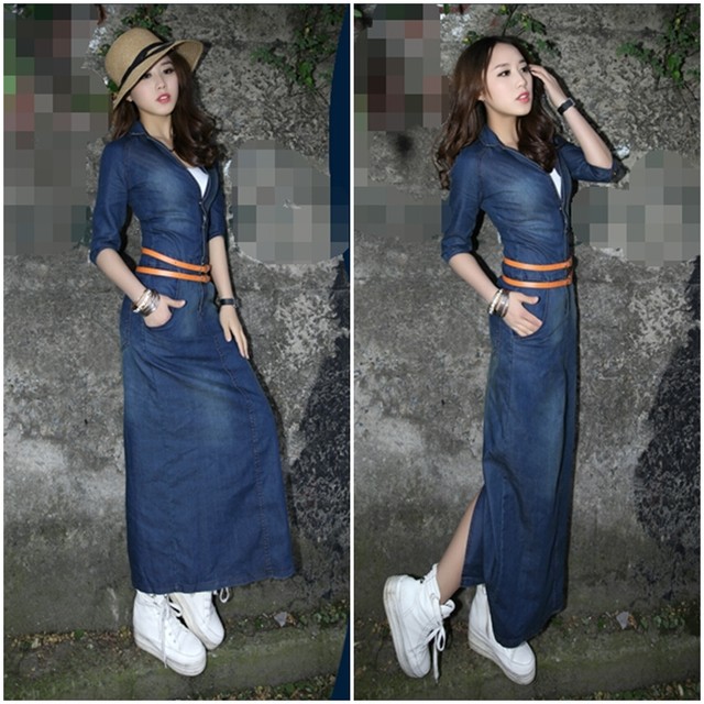 デニムワンピース 七分袖 マキシ丈 デニム生地 ワンピース ウエストベルト Vネック スリット マキシワンピース 韓国レディース キッズファッション Londonbridge ロンドンブリッジ