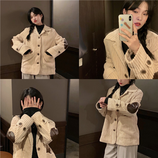 レディース アウター 秋冬 アウター レディース コーデュロイ テーラード ジャケット 肘当て 羽織り シンプル カジュアル おしゃれ 大人可愛い レトロ お出かけ デート 通勤 通学 学生 キャンパス 旅行 普段着 アプリコット Hf Haru Meets Foo